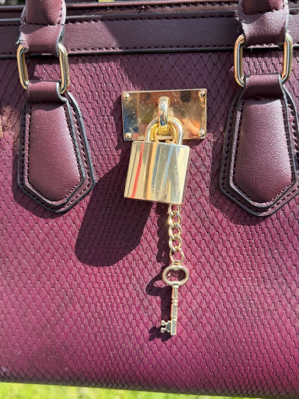 Aldo Burgundy Textured Satchel – Gold Hardware, Padlock Detail, Used - Picture 2 of 16